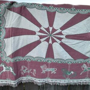 Vintage MWW 1991 Woven Cotton Carousel Horses Pink and Green Throw Fringe